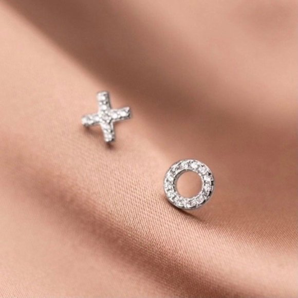 Letter X&O Asymmetry Studs Earrings w/CZ-ECZ016 - Picture 5 of 16